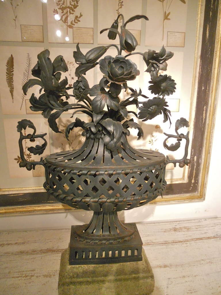Extraodinary Pair of 1930's French Tole Urns with Flowers