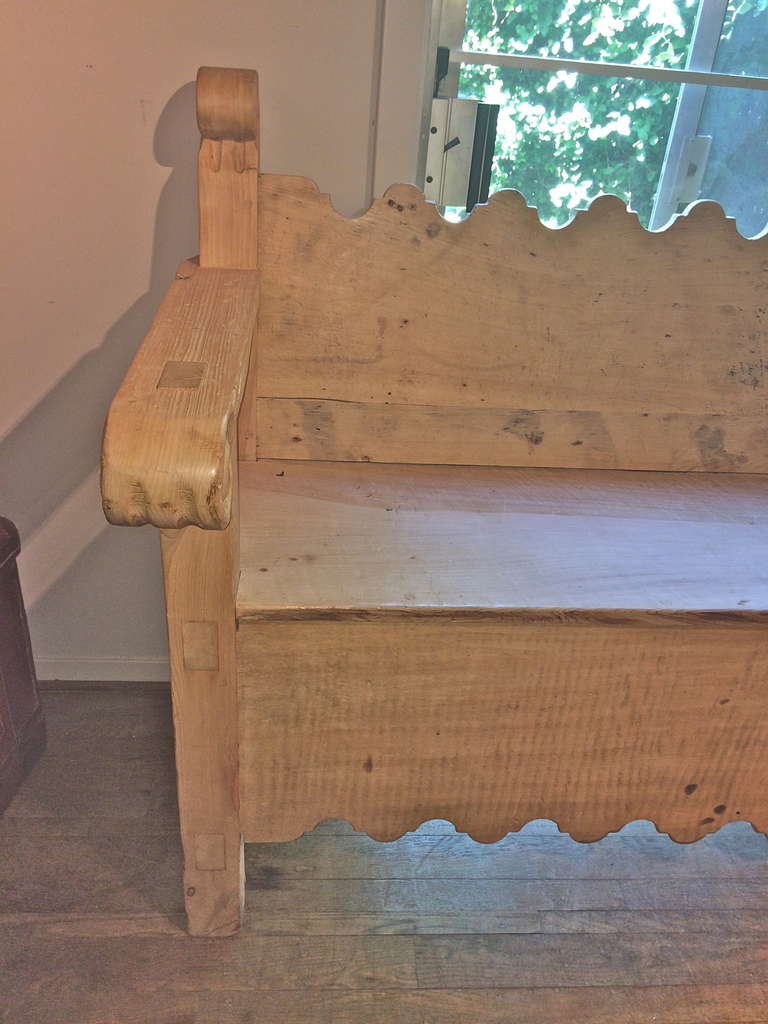 Handsome and long Mexican bench in Sabino (Mexican Cypress). Single board back, seat and skirt with whimsical carving.