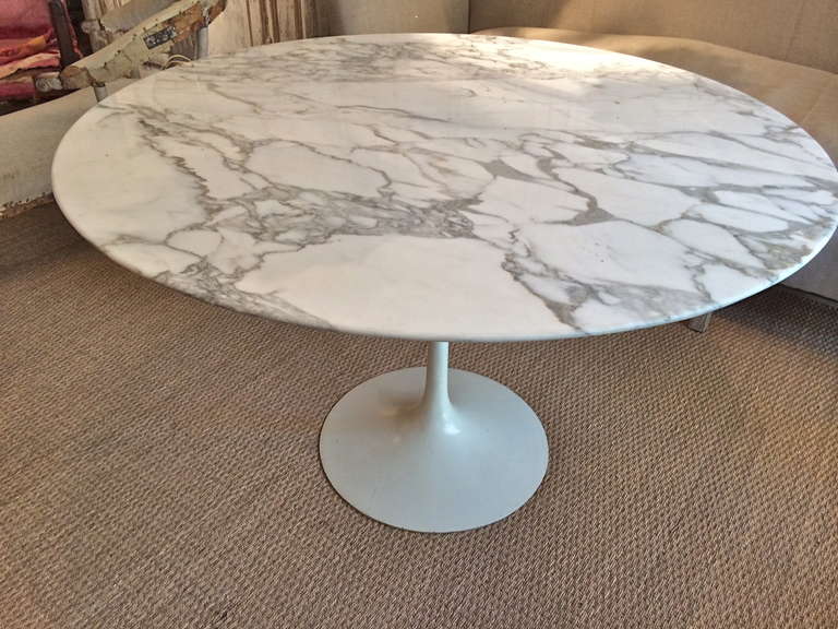 Handsome 1970s Tulip High Table with Arabescato marble top. Some minor wear to base. One edge chip to marble top.