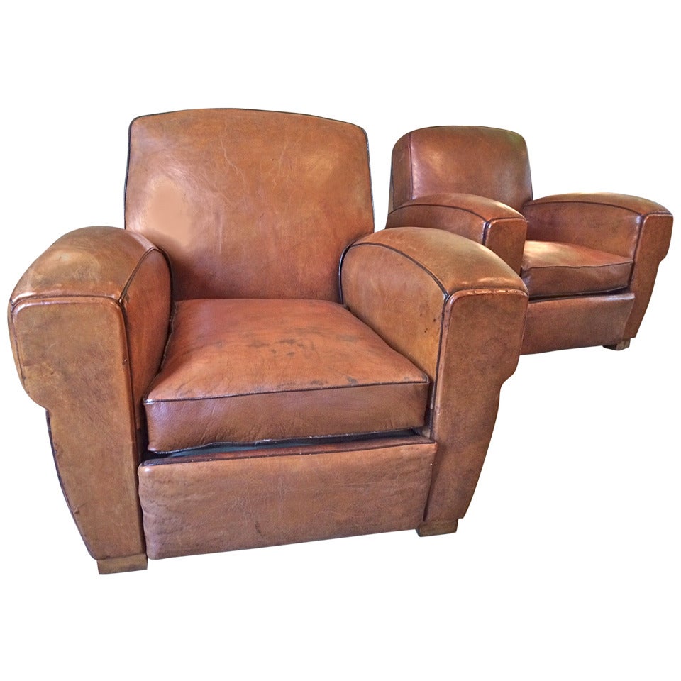 Pair of French 1930s Leather Club Chairs