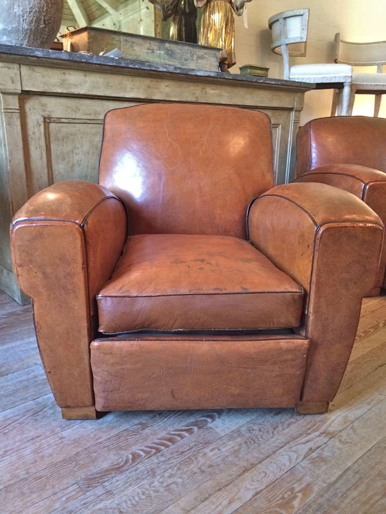 Art Deco Pair of French 1930s Leather Club Chairs