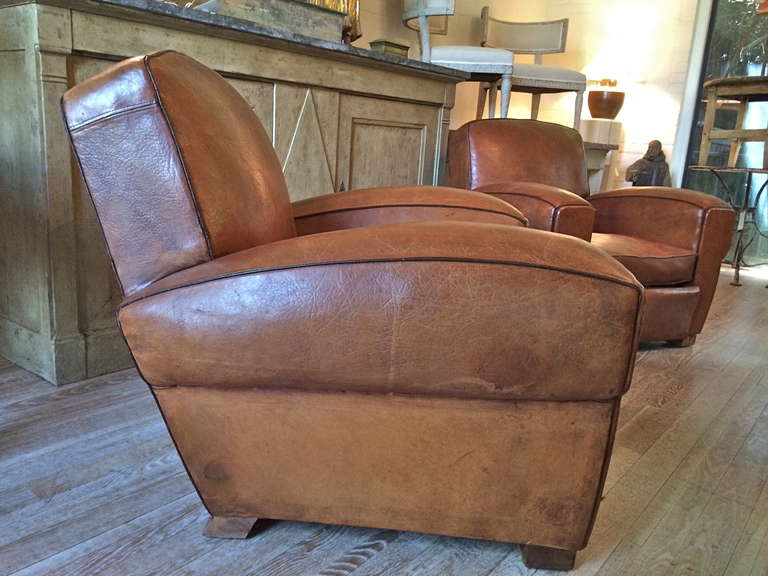 Mid-20th Century Pair of French 1930s Leather Club Chairs