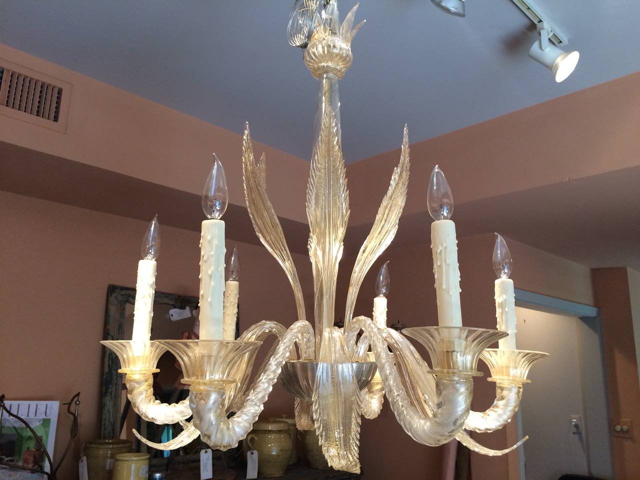 Gold and clear Murano chandelier. Six arms, newly wired.