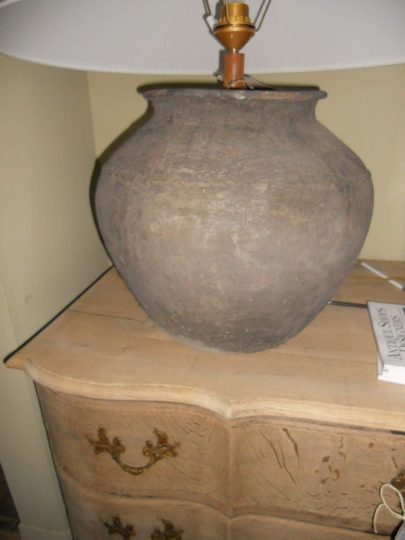 Terracotta jar for water dipped in cmeent. New linen shade European shade. Newly wired.