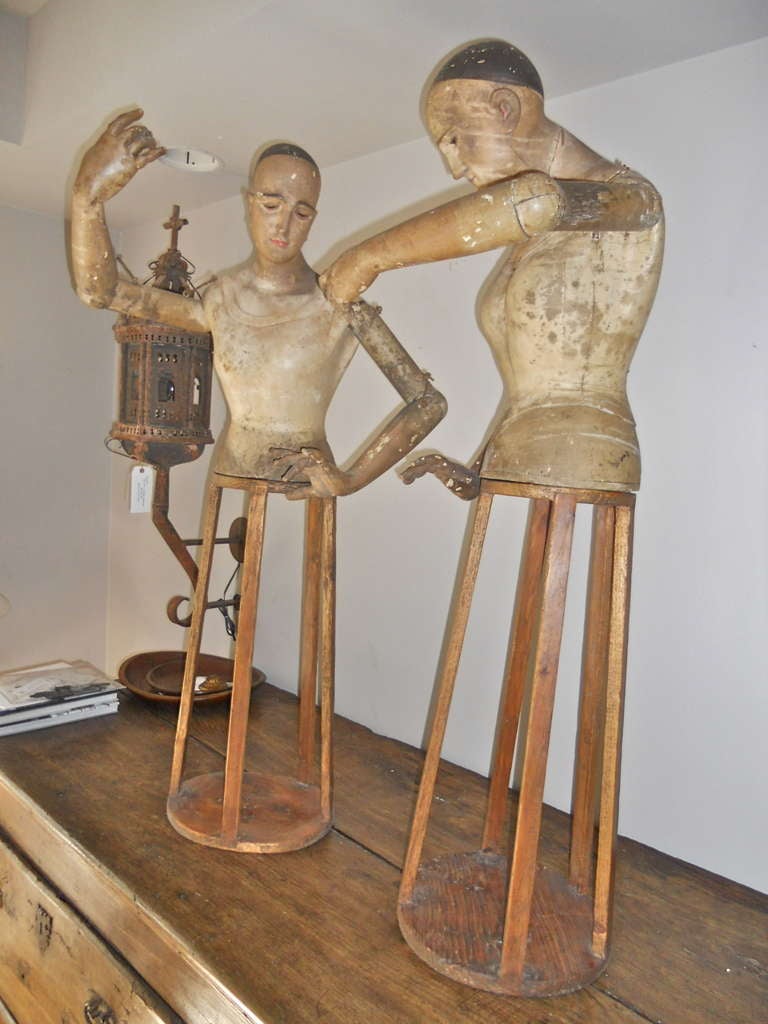 Unusual large pair of articulated figures. Original surface. Stands have been newly crafted. Figures are in found condition.