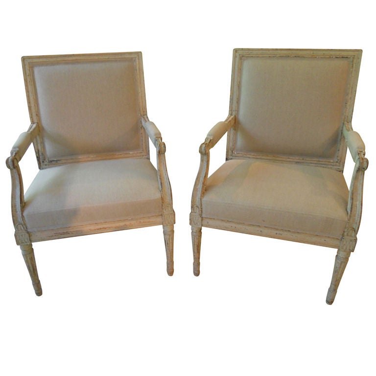 Pair 18th. Century Swedish Gustavian Painted Fauteuils For Sale