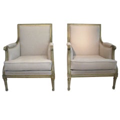 Pair French Louis XVI Style Painted Bergeres