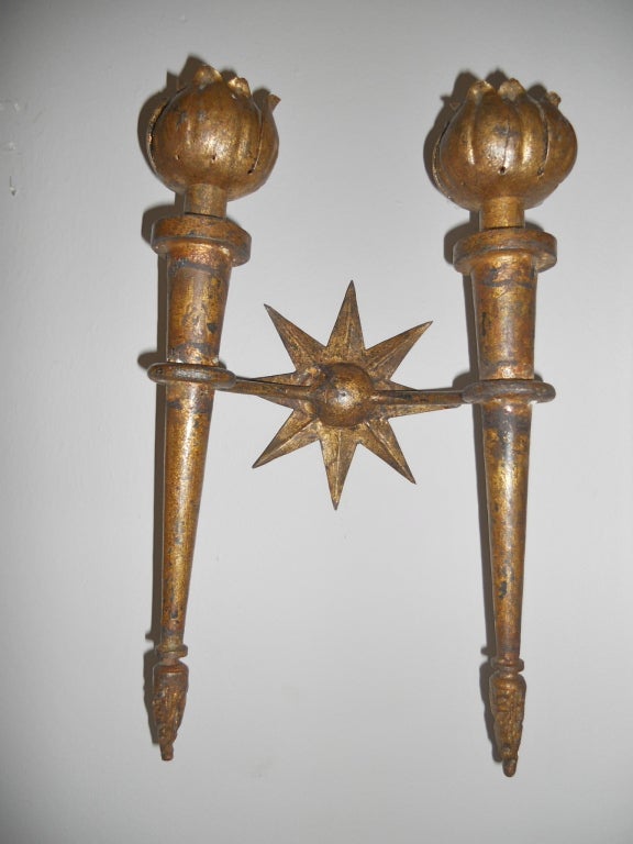 French Pair of Gilt Iron Sconces by Poillerat For Sale