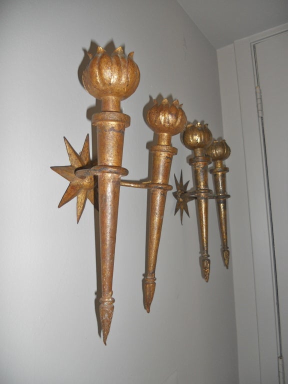 Mid-20th Century Pair of Gilt Iron Sconces by Poillerat For Sale