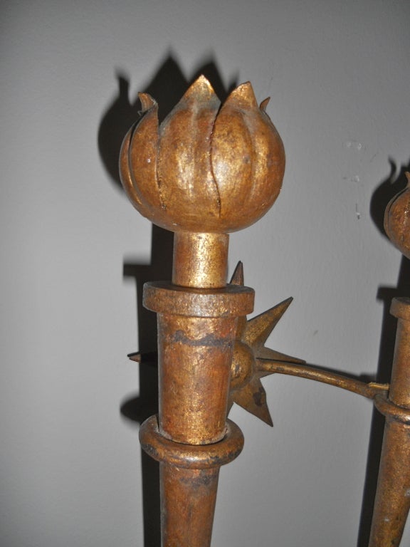 Pair of Gilt Iron Sconces by Poillerat For Sale 1