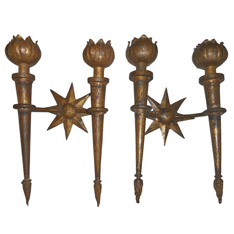 Pair of Gilt Iron Sconces by Poillerat For Sale