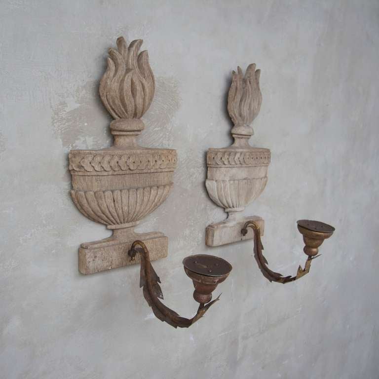 Pair of Antique Wooden 18th Century Applique Wall Sconces In Excellent Condition In Houston, TX
