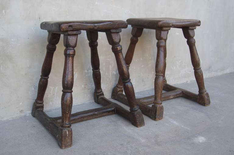 French Pair of Antique 17th Century Wooden Stools