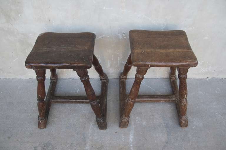 Pair of Antique 17th Century Wooden Stools In Excellent Condition In Houston, TX