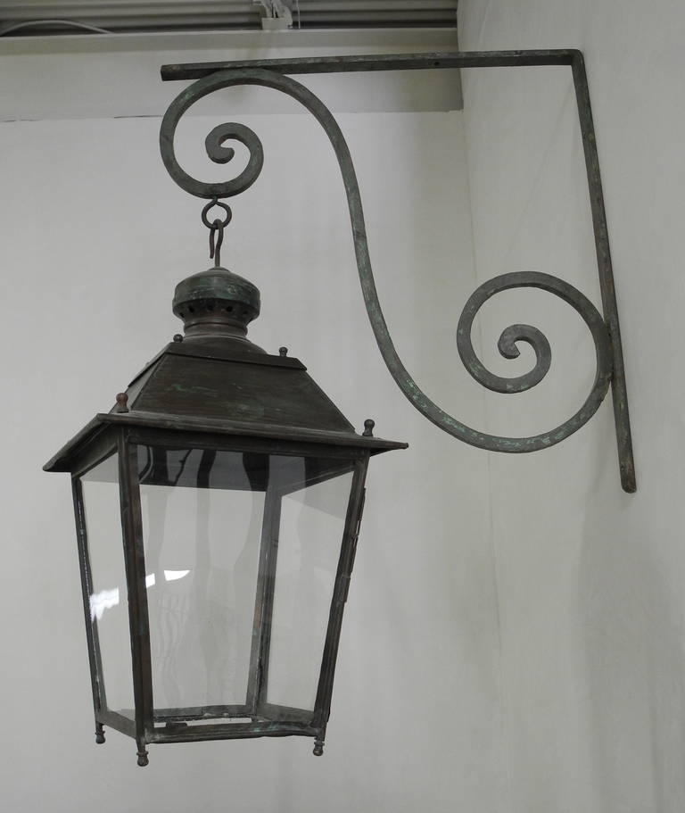19th Century French Potence with Antique Lantern In Excellent Condition In Houston, TX