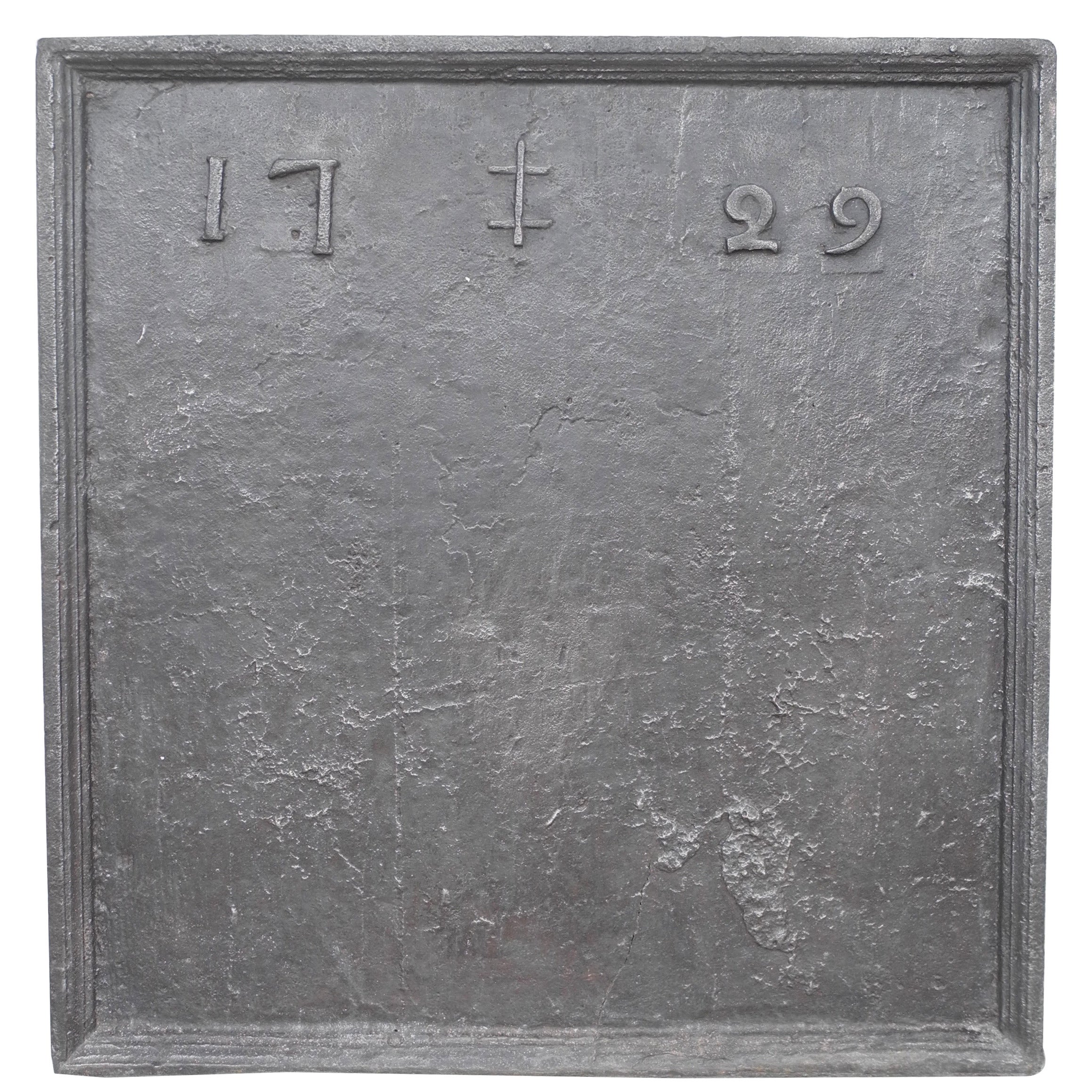 Antique 17th Century Fireback with "1729" Engraving For Sale
