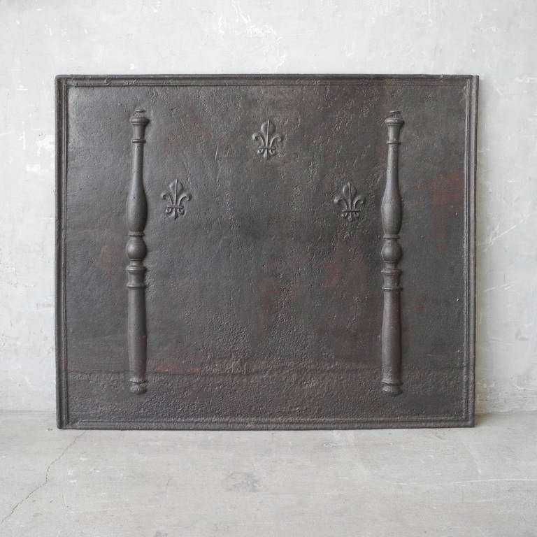 This 17th century plaque de cheminée fireback was reclaimed from the Jura region of France. With a classic column and "fleur de lis" design, this fireback would be a great addition to a fireplace or a kitchen back splash.