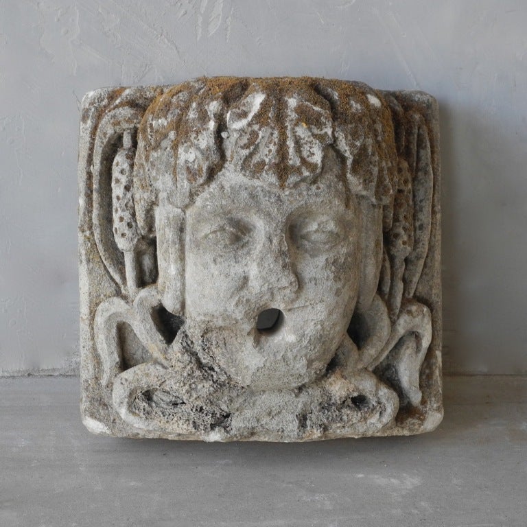 This early 19th century stone fountain face originally resided in the courtyard of a provençal bastide. This hauntingly beautiful piece features a carved face surrounded by plant elements like leaves and vines. This stone face is perfect for