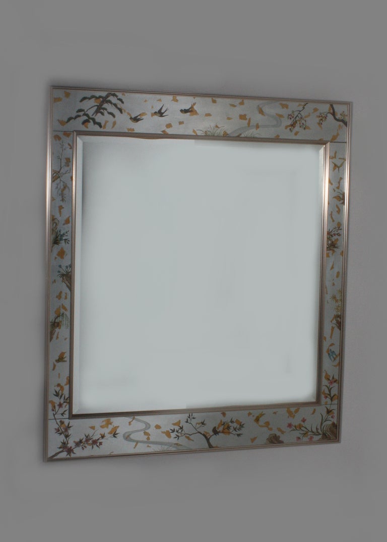 American LaBarge eglomise hand painted mirror with gold and silver leaf motif, c. 1970