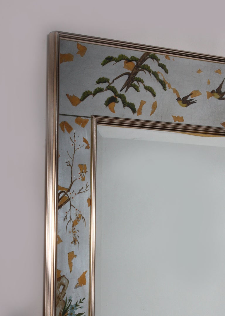 LaBarge eglomise hand painted mirror with gold and silver leaf motif, c. 1970 In Good Condition In Dallas, TX