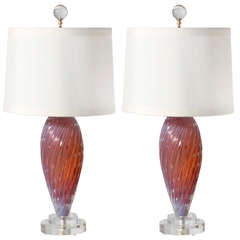 Pair Of Cranberry Seguso Opalescent Opaline Murano Glass Lamps, Circa 1950
