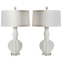 Pair Of White Twisted Murano Lamps, C. 1950