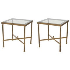 Pair of French bronze tables with blue smoked glass, c. 1940 Pair of French bronze tables with blue smoked glass, c. 1940