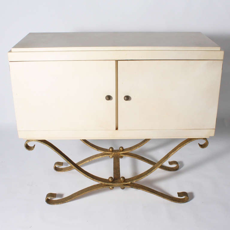 Parchment Commode On Gilded Iron Base, C. 1940 In Good Condition In Dallas, TX