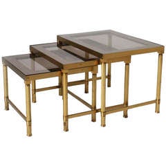 Small Brass and Smoked Glass Nest of Tables with Mirrored Edges circa 1950