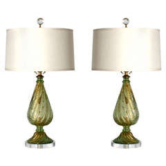 Green And Gold Swirl Murano Lamps, C.1940