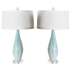 Pair of Blue Seguso Opaline Murano Glass Lamps, circa 1940