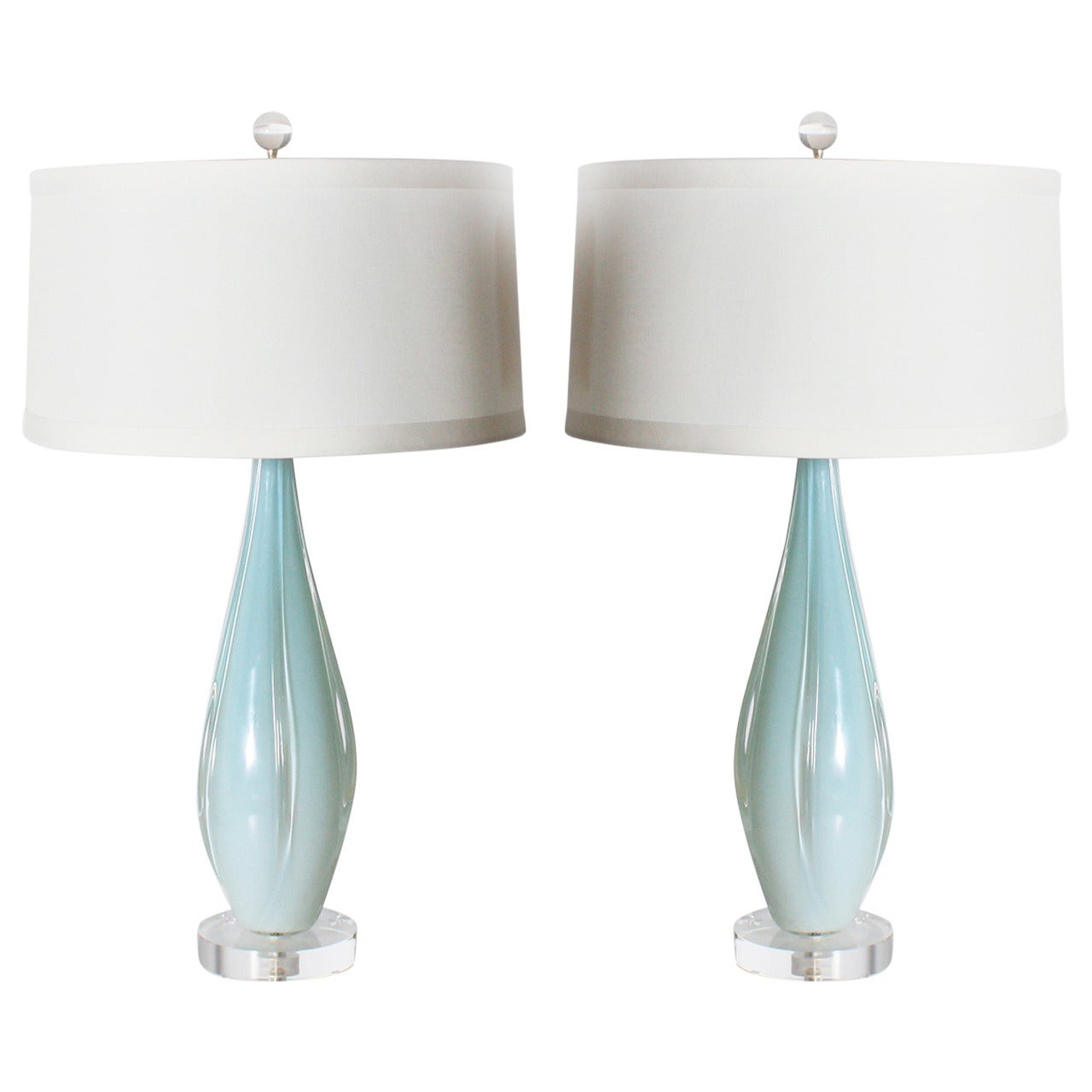 Pair of Blue Seguso Opaline Murano Glass Lamps, circa 1940
