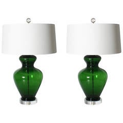Pair of Green Barovier Lamps with Large Bullicante Inclusions, circa 1940