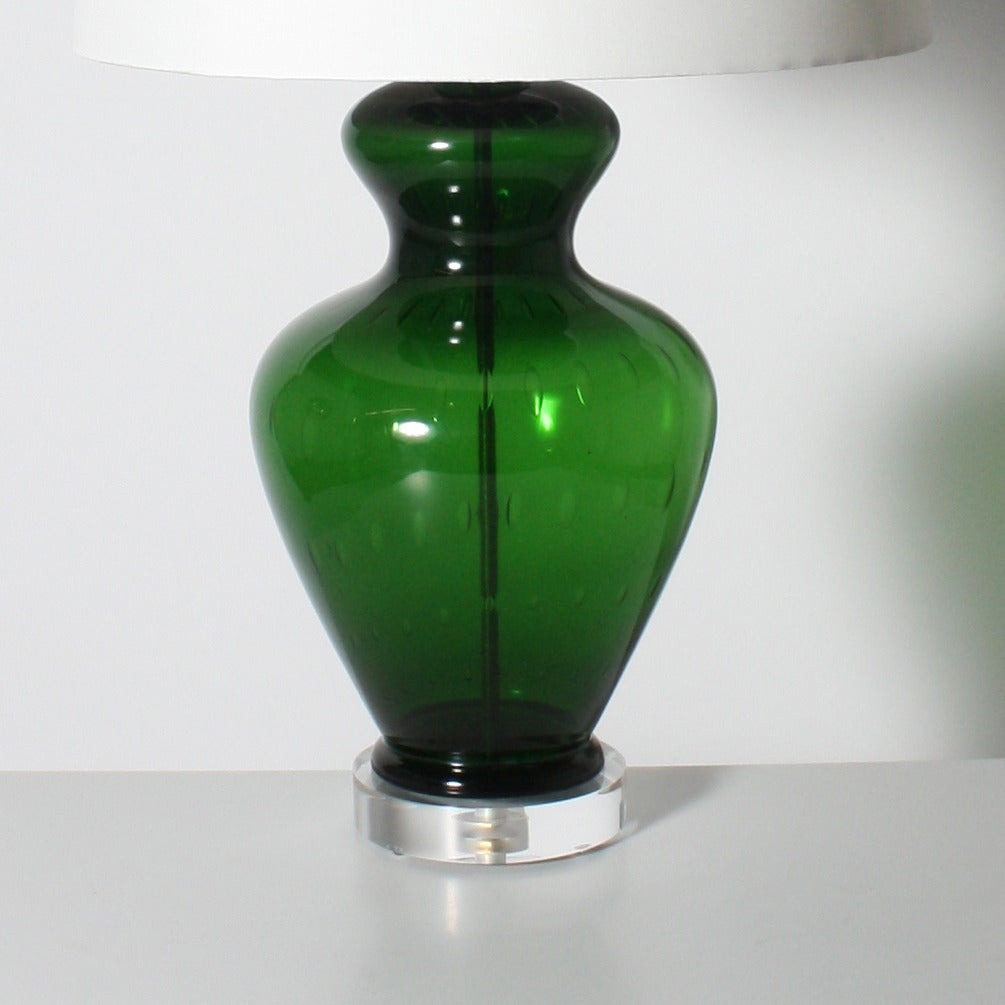Italian Pair of Green Barovier Lamps with Large Bullicante Inclusions, circa 1940