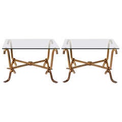 Pair of French gilded iron tables with glass tops, c.1940