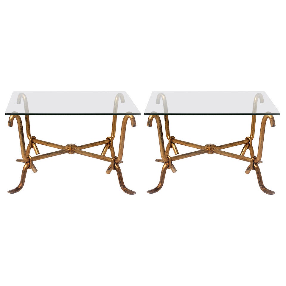 Pair of French gilded iron tables with glass tops, c.1940
