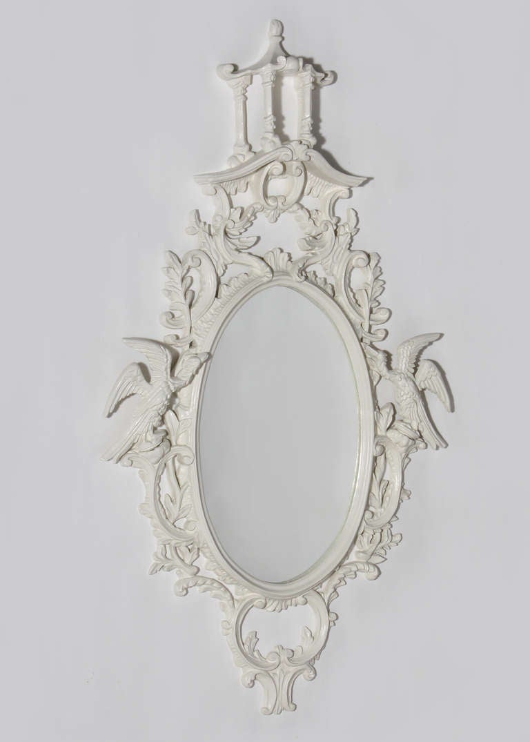 Oval Pagoda Mirror, With Scroll Detail And Bird Mounts, C. 1960