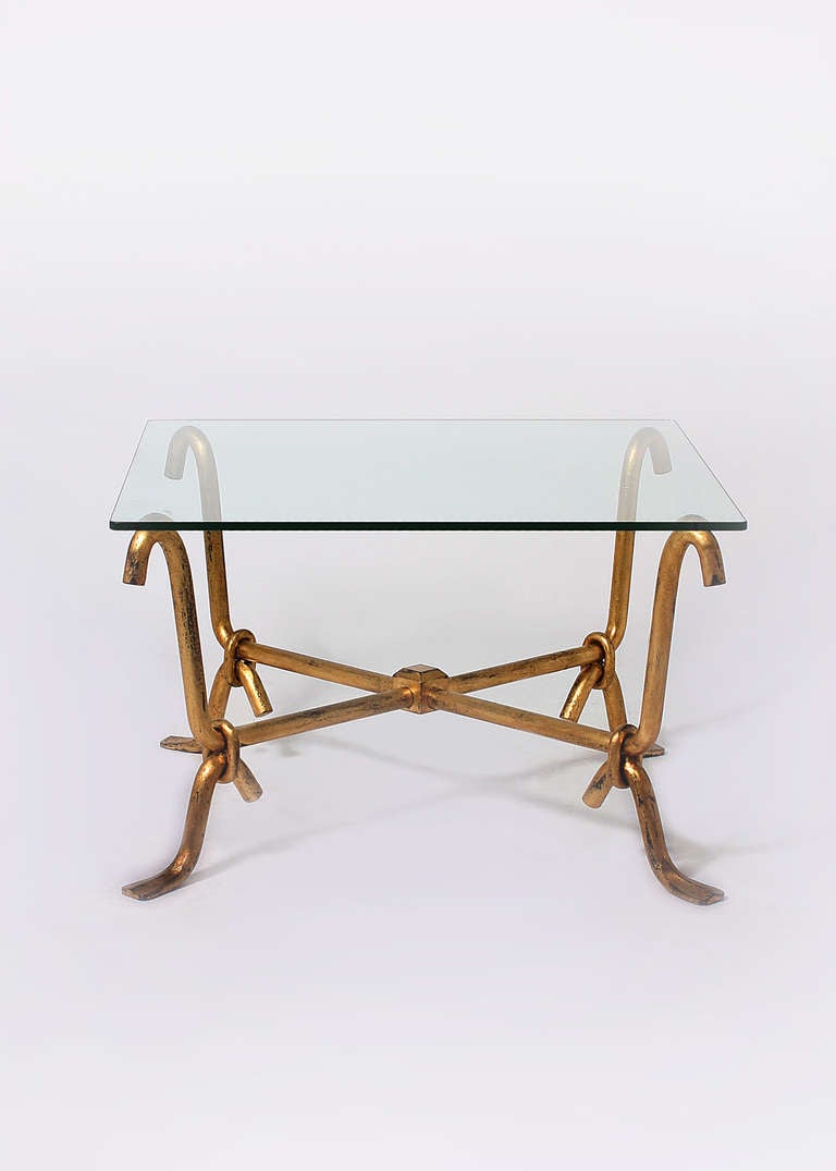 Gilt Pair of French gilded iron tables with glass tops, c.1940