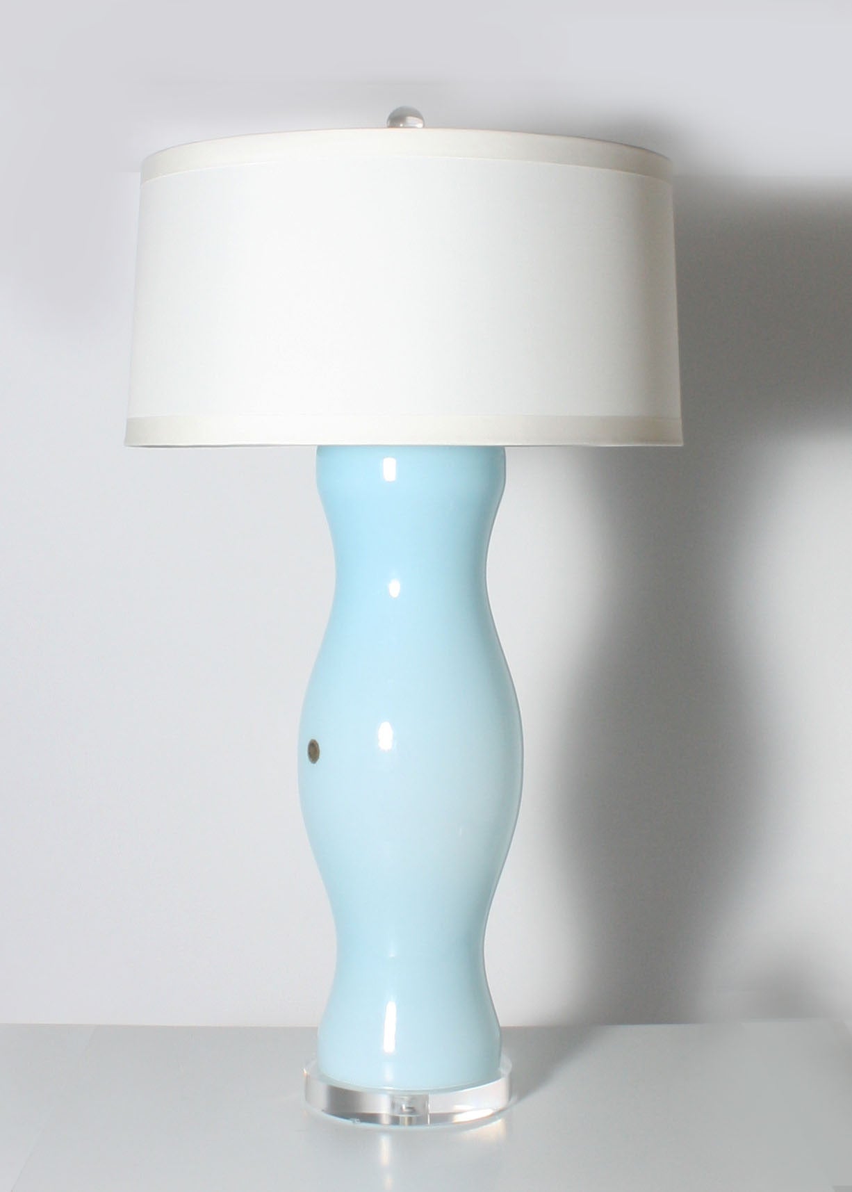 Pair of rare incamiciato Cappellini Venini lamps with original factory sticker. Very tall lamps, great size for a large living room or seating area. Off-white pongee shades. 3 way socket, 50/100/150 watt. Nickel hardware. Lucite base. Crystal ball