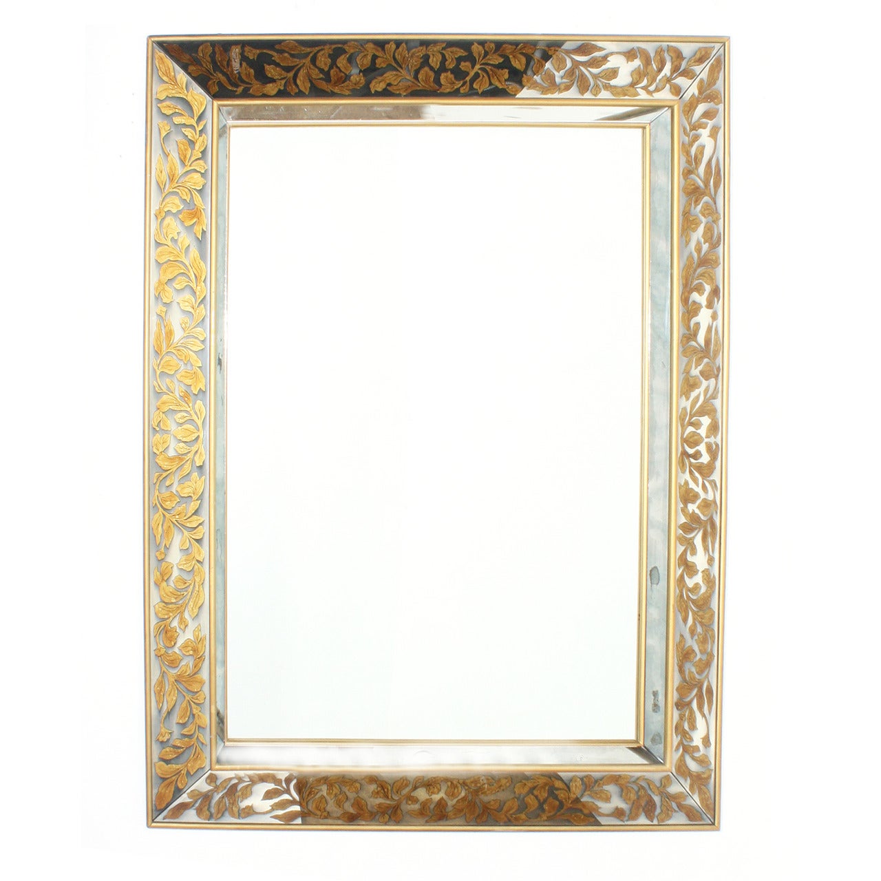 Large French Mirror with Gold Leaf Frame and Églomisé Leaves, circa 1960