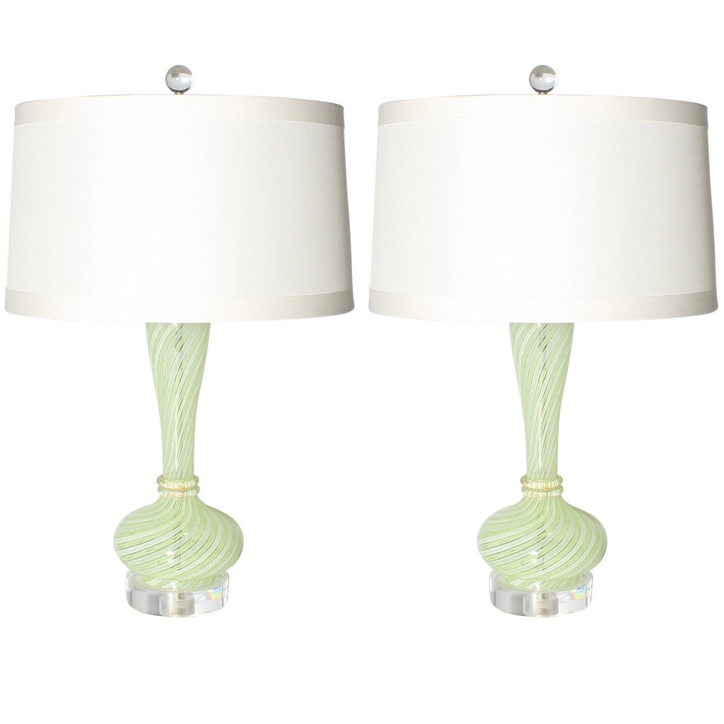 Pair of Mint and White Latticino Lamps by Dino Martens, circa 1950