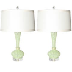 Pair of Mint and White Latticino Lamps by Dino Martens, circa 1950