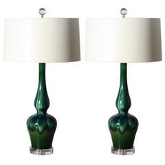 Pair of Blue and Green Ceramic Lamps, circa 1950