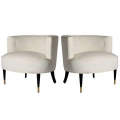 Pair Of Ivory Barrel Chairs With Ebony Base, C.1950