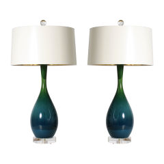 Pair of hand thrown pottery lamps in deep sea blue and green