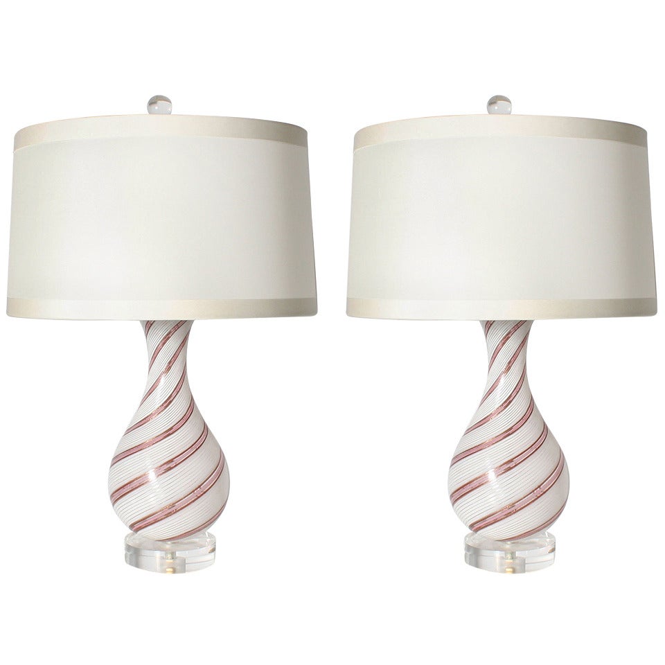 Pair of Dino Martens Mezza Filigrana Swirl Lamps, circa 1950