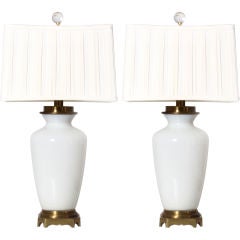 Pair of French white opaline lamps