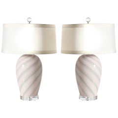 Pair Of Spiral Filigrane Murano Lamps, C. 1960