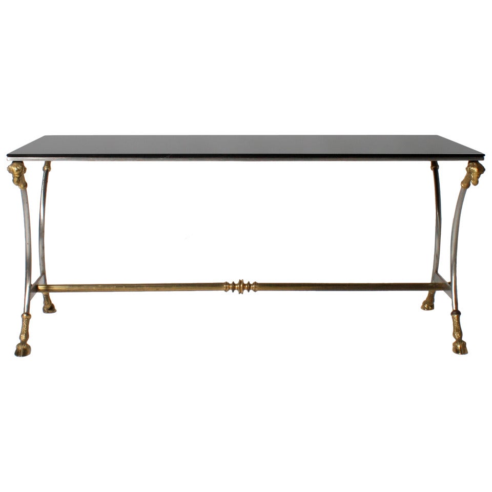 Bronze Coffee Table With Opaline And Ram’s Head Feet Attributed To Jansen, C. 1940