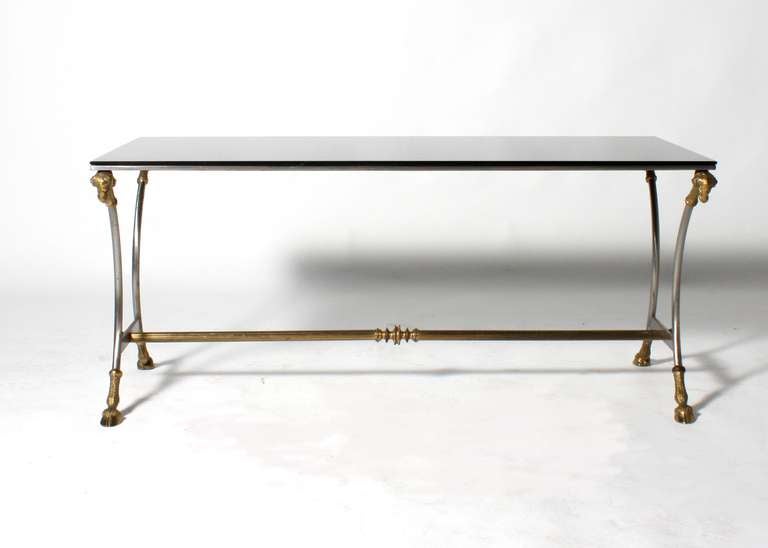 Bronze coffee table with Opaline and ram’s head feet attributed to Jansen